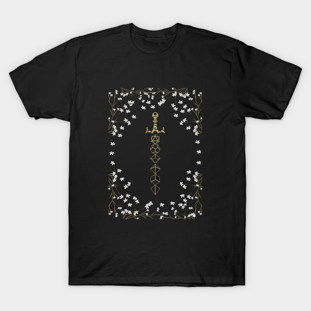 Tabletop RPG Boho Floral Dice Sword T-Shirt by dungeonarmory